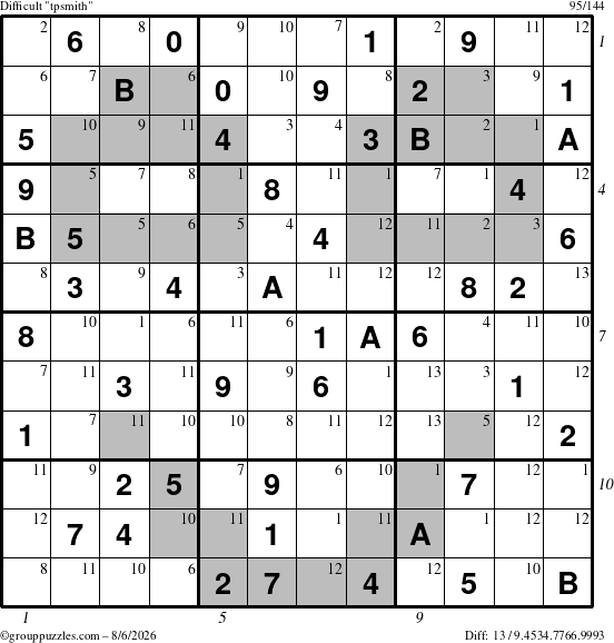 The grouppuzzles.com Difficult tpsmith puzzle for Thursday August 6, 2026 with all 13 steps marked