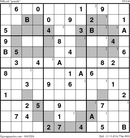 The grouppuzzles.com Difficult tpsmith puzzle for Thursday August 6, 2026 with the first 3 steps marked