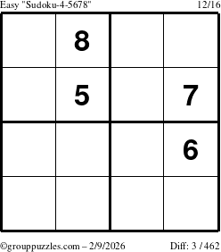The grouppuzzles.com Easy Sudoku-4-5678 puzzle for Monday February 9, 2026