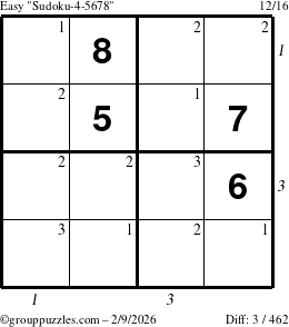 The grouppuzzles.com Easy Sudoku-4-5678 puzzle for Monday February 9, 2026 with all 3 steps marked