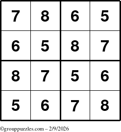 The grouppuzzles.com Answer grid for the Sudoku-4-5678 puzzle for Monday February 9, 2026