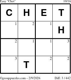 The grouppuzzles.com Easy Chet puzzle for Monday February 9, 2026 with the first 3 steps marked