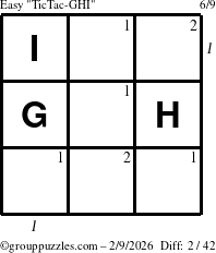 The grouppuzzles.com Easy TicTac-GHI puzzle for Monday February 9, 2026 with all 2 steps marked