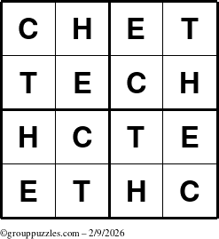 The grouppuzzles.com Answer grid for the Chet puzzle for Monday February 9, 2026