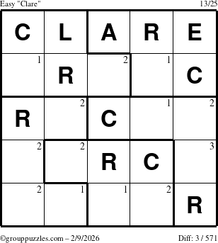 The grouppuzzles.com Easy Clare puzzle for Monday February 9, 2026 with the first 3 steps marked