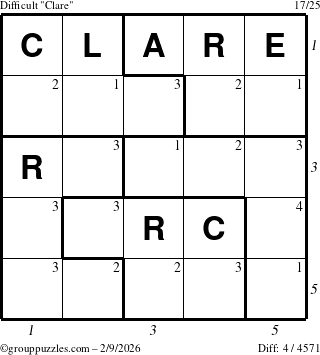 The grouppuzzles.com Difficult Clare puzzle for Monday February 9, 2026, suitable for printing, with all 4 steps marked