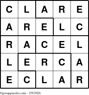The grouppuzzles.com Answer grid for the Clare puzzle for Monday February 9, 2026