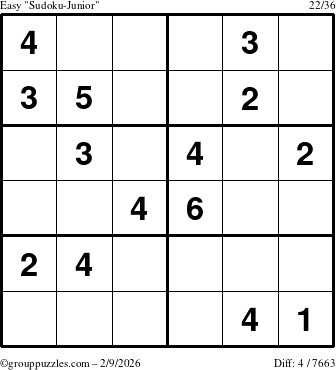 The grouppuzzles.com Easy Sudoku-Junior puzzle for Monday February 9, 2026