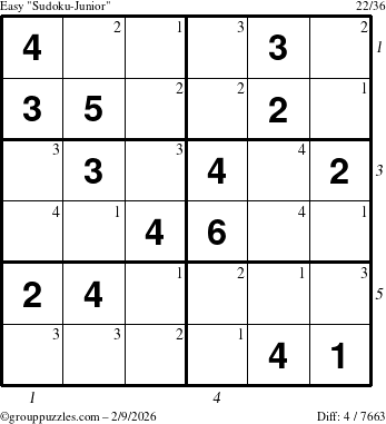 The grouppuzzles.com Easy Sudoku-Junior puzzle for Monday February 9, 2026, suitable for printing, with all 4 steps marked