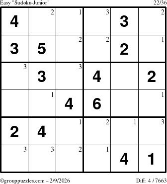 The grouppuzzles.com Easy Sudoku-Junior puzzle for Monday February 9, 2026 with the first 3 steps marked