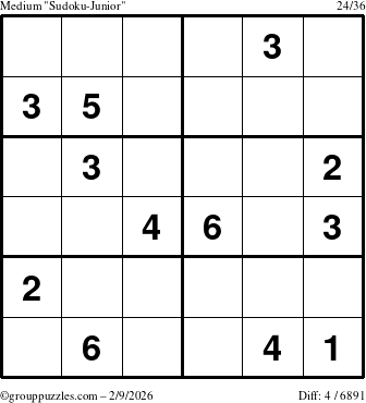 The grouppuzzles.com Medium Sudoku-Junior puzzle for Monday February 9, 2026