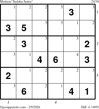 The grouppuzzles.com Medium Sudoku-Junior puzzle for Monday February 9, 2026, suitable for printing, with all 4 steps marked