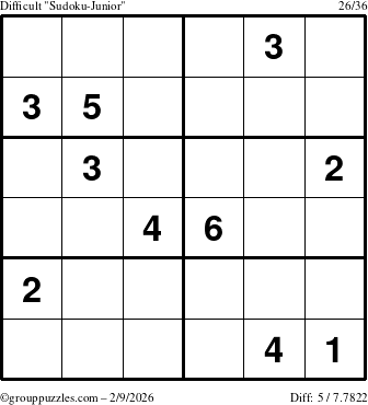 The grouppuzzles.com Difficult Sudoku-Junior puzzle for Monday February 9, 2026