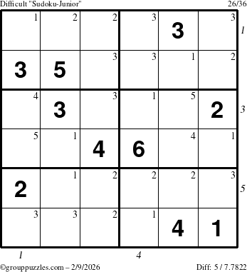 The grouppuzzles.com Difficult Sudoku-Junior puzzle for Monday February 9, 2026 with all 5 steps marked