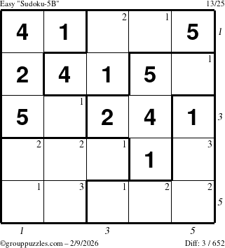 The grouppuzzles.com Easy Sudoku-5B puzzle for Monday February 9, 2026 with all 3 steps marked