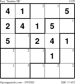 The grouppuzzles.com Easy Sudoku-5B puzzle for Monday February 9, 2026 with the first 3 steps marked