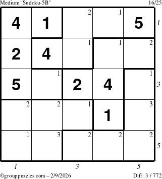 The grouppuzzles.com Medium Sudoku-5B puzzle for Monday February 9, 2026 with all 3 steps marked