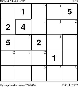 The grouppuzzles.com Difficult Sudoku-5B puzzle for Monday February 9, 2026 with the first 3 steps marked