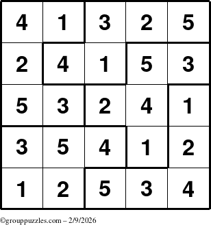The grouppuzzles.com Answer grid for the Sudoku-5B puzzle for Monday February 9, 2026