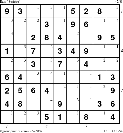 The grouppuzzles.com Easy Sudoku puzzle for Monday February 9, 2026 with all 4 steps marked