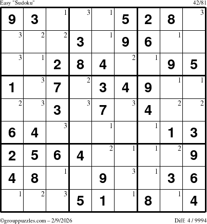 The grouppuzzles.com Easy Sudoku puzzle for Monday February 9, 2026 with the first 3 steps marked