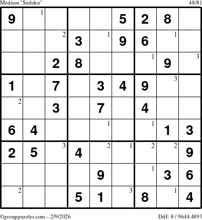 The grouppuzzles.com Medium Sudoku puzzle for Monday February 9, 2026 with the first 3 steps marked