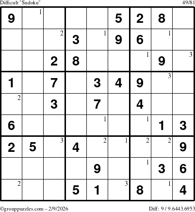 The grouppuzzles.com Difficult Sudoku puzzle for Monday February 9, 2026 with the first 3 steps marked