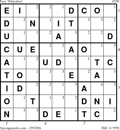 The grouppuzzles.com Easy Education-c1 puzzle for Monday February 9, 2026 with all 4 steps marked