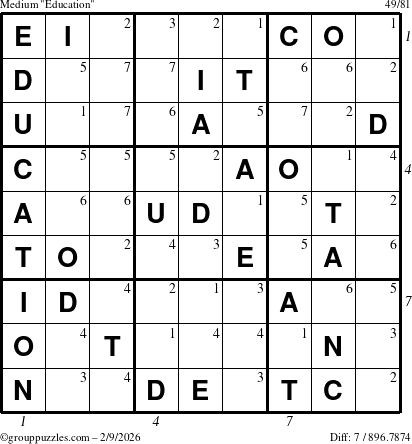 The grouppuzzles.com Medium Education-c1 puzzle for Monday February 9, 2026 with all 7 steps marked