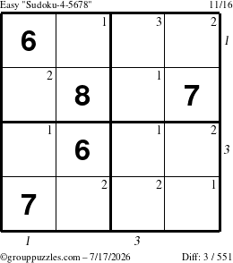 The grouppuzzles.com Easy Sudoku-4-5678 puzzle for Friday July 17, 2026, suitable for printing, with all 3 steps marked
