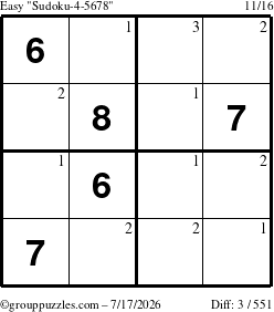 The grouppuzzles.com Easy Sudoku-4-5678 puzzle for Friday July 17, 2026 with the first 3 steps marked