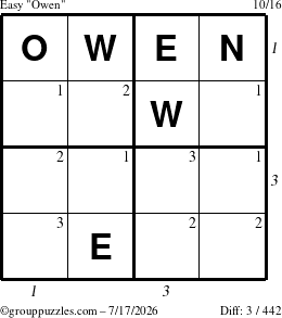 The grouppuzzles.com Easy Owen puzzle for Friday July 17, 2026, suitable for printing, with all 3 steps marked