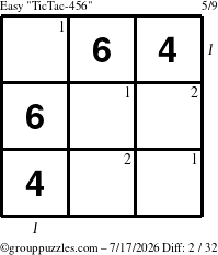 The grouppuzzles.com Easy TicTac-456 puzzle for Friday July 17, 2026, suitable for printing, with all 2 steps marked
