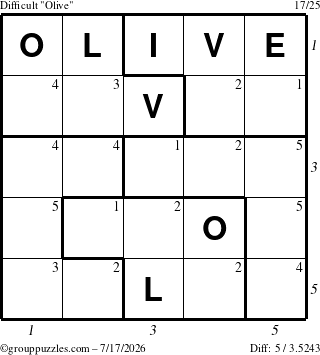 The grouppuzzles.com Difficult Olive puzzle for Friday July 17, 2026 with all 5 steps marked