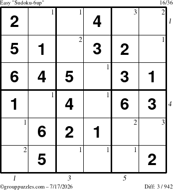 The grouppuzzles.com Easy Sudoku-6up puzzle for Friday July 17, 2026 with all 3 steps marked
