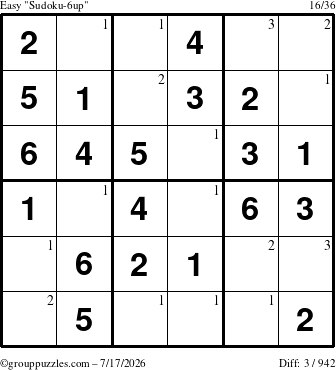 The grouppuzzles.com Easy Sudoku-6up puzzle for Friday July 17, 2026 with the first 3 steps marked