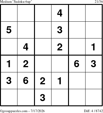 The grouppuzzles.com Medium Sudoku-6up puzzle for Friday July 17, 2026