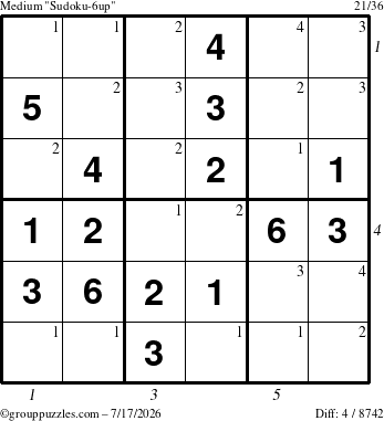 The grouppuzzles.com Medium Sudoku-6up puzzle for Friday July 17, 2026 with all 4 steps marked