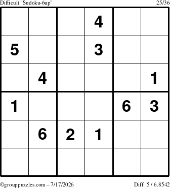 The grouppuzzles.com Difficult Sudoku-6up puzzle for Friday July 17, 2026