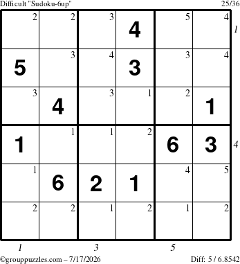 The grouppuzzles.com Difficult Sudoku-6up puzzle for Friday July 17, 2026 with all 5 steps marked