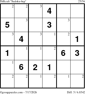 The grouppuzzles.com Difficult Sudoku-6up puzzle for Friday July 17, 2026 with the first 3 steps marked