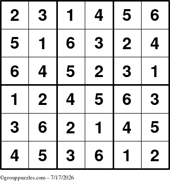 The grouppuzzles.com Answer grid for the Sudoku-6up puzzle for Friday July 17, 2026