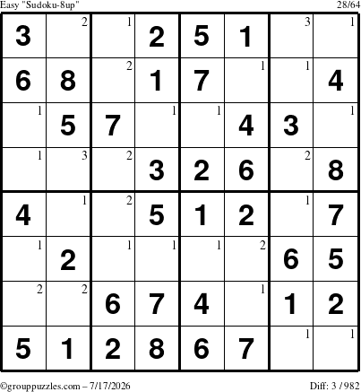The grouppuzzles.com Easy Sudoku-8up puzzle for Friday July 17, 2026 with the first 3 steps marked