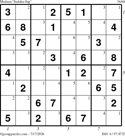 The grouppuzzles.com Medium Sudoku-8up puzzle for Friday July 17, 2026, suitable for printing, with all 6 steps marked