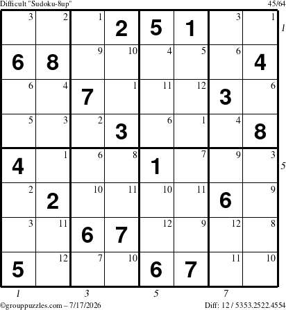 The grouppuzzles.com Difficult Sudoku-8up puzzle for Friday July 17, 2026, suitable for printing, with all 12 steps marked