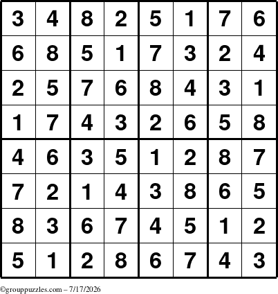 The grouppuzzles.com Answer grid for the Sudoku-8up puzzle for Friday July 17, 2026