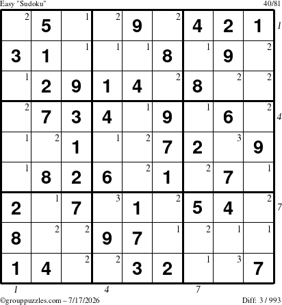 The grouppuzzles.com Easy Sudoku puzzle for Friday July 17, 2026, suitable for printing, with all 3 steps marked