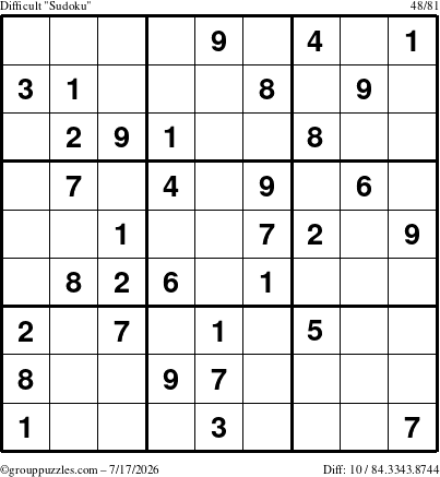 The grouppuzzles.com Difficult Sudoku puzzle for Friday July 17, 2026