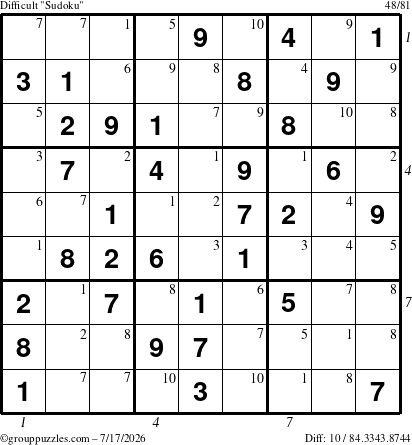 The grouppuzzles.com Difficult Sudoku puzzle for Friday July 17, 2026 with all 10 steps marked