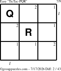 The grouppuzzles.com Easy TicTac-PQR puzzle for Friday July 17, 2026 with all 2 steps marked
